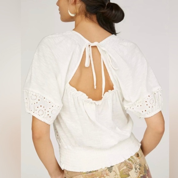 Porridge White Eyelet Embroidery Anglaise Smocked Boho Coastal Back-Tie Top M - Picture 3 of 16